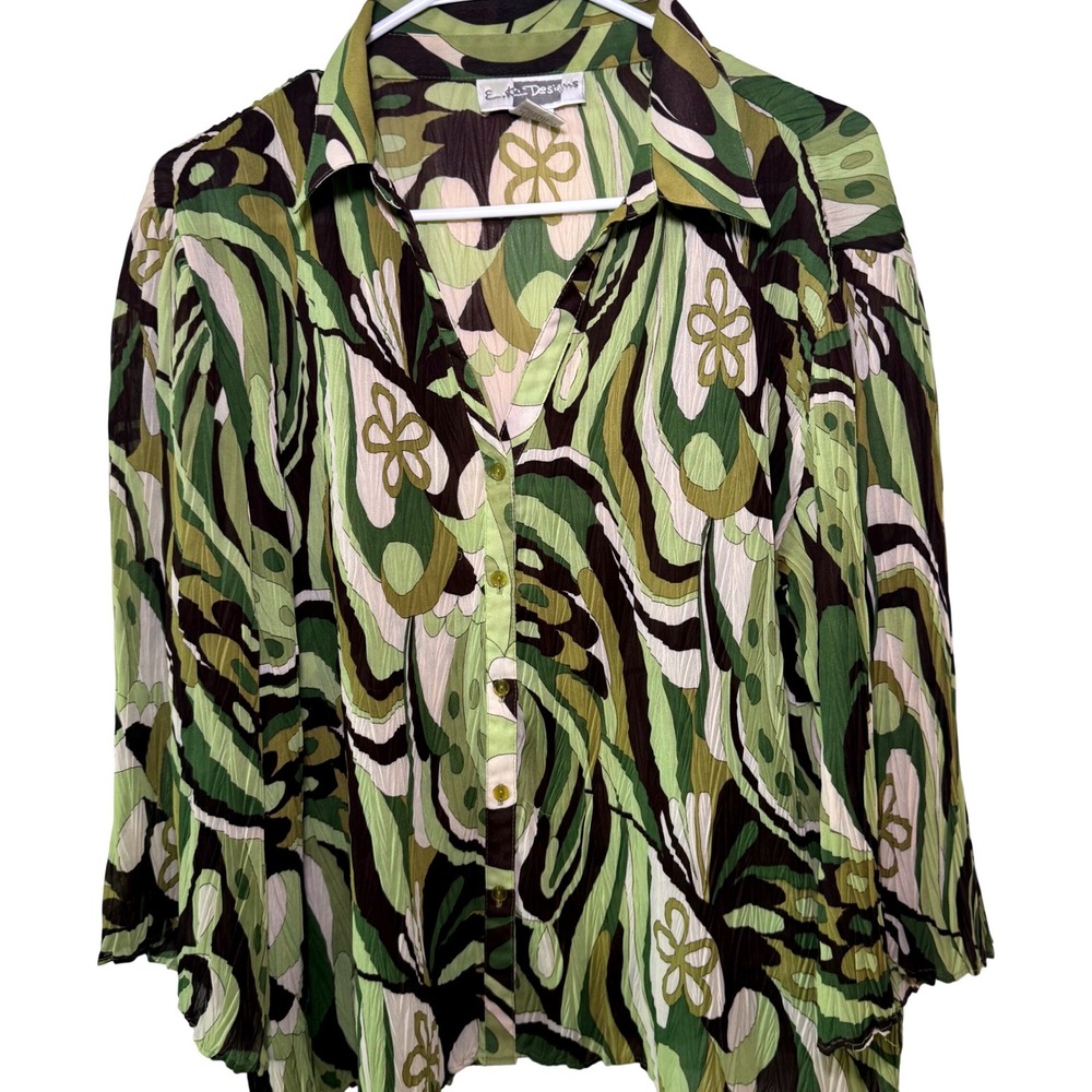 E K Designs Psychedelic Print Button Up Shirt Women's Size Large‎ Sheer